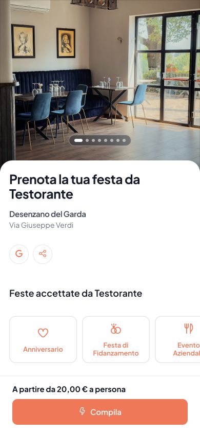 Pagina pubblica di prenotazione di un locale su tuafesta