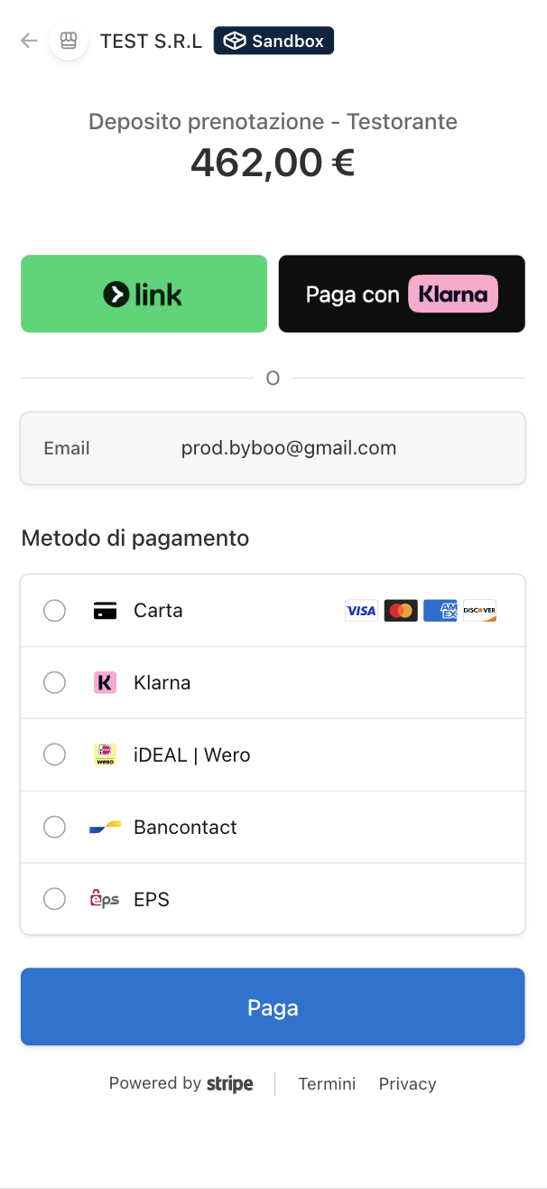 Checkout Stripe per il deposito di prenotazione